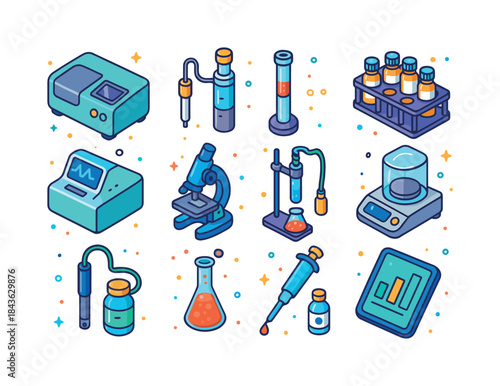 Colorful Lab Equipment Icons. Environmental lab equipment. Color