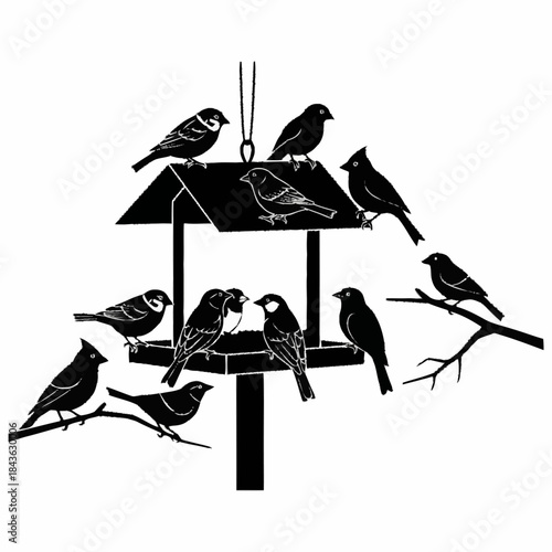 Silhouette of birds gathering around a bird feeder on a branch.