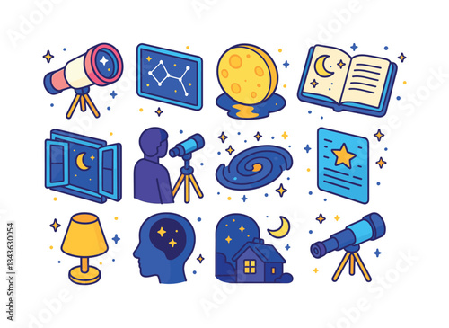 Night Observation Icons. Night Observation. Colorful isometric v