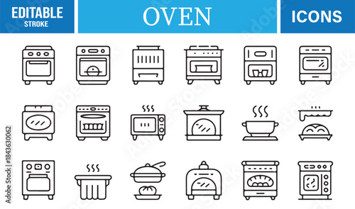 Outline kitchen oven icons showing cooking and baking appliances