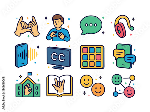 Colorful Sign Language Icons. Sign language and communication. C