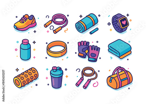Vibrant Fitness Icons. Fitness accessories. Colorful isometric v
