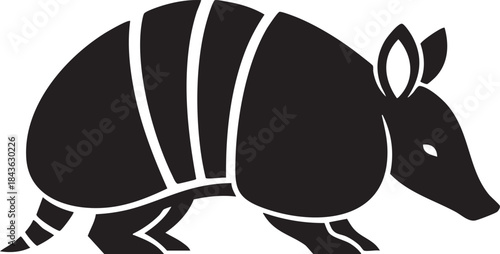 Black and white of an armadillo with segmented shell and small legs