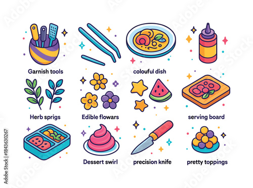 Creative Food Icons. Creative food presentation. Colorful isomet
