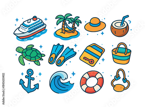 Tropical Cruise Icons. Tropical cruises. Colorful isometric vect