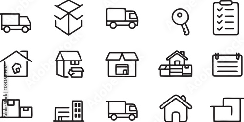Collection of minimalist line art icons for moving delivery and real estate featuring simple flat design elements suitable for logistics apps and property services