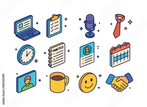 Interview Prep Icons. Interview preparation. Colorful isometric
