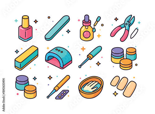 Colorful Nail Care Icons. Nail care. Colorful isometric vector i