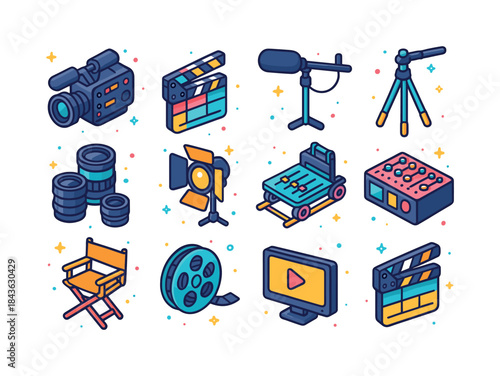 Colorful Movie Icon Set. Movie Equipment. Colorful isometric vec
