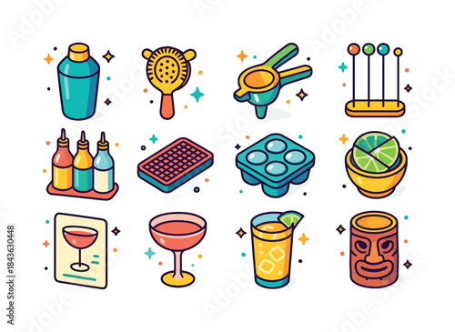 Colorful Cocktail Icons. Cocktail Station. Colorful isometric ve