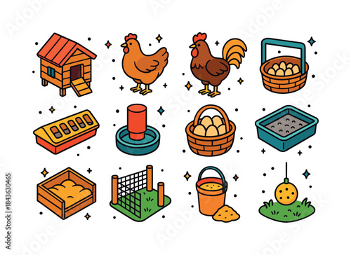 Colorful Chicken Icons. Backyard Chickens. Colorful isometric ve