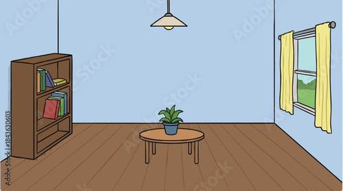 Cozy Minimal Living Room With Wooden Floor, Plant, Table, And Bookshelf In Bright Blue Walls