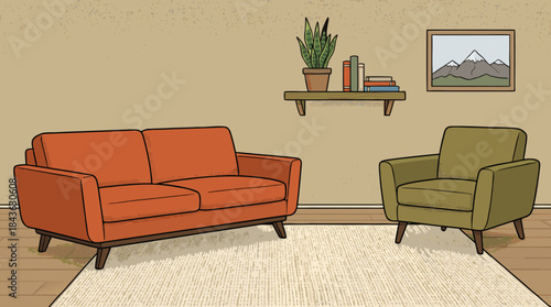 Cozy Living Room With Orange Sofa And Green Armchair, Modern Home Decor Scene