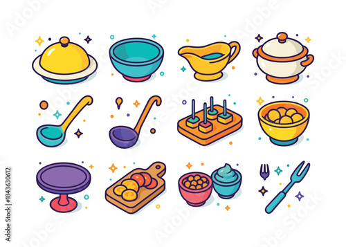 Colorful Serving Ware Icons. Serving Ware. Colorful isometric ve