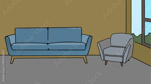 Cozy Modern Living Room With Blue Sofa And Gray Armchair In Bright Space