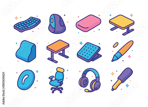 Colorful Ergonomic Tool Icons. Ergonomic Tools. Colorful isometr