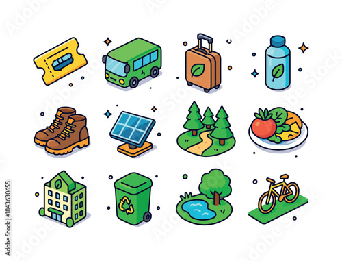 Sustainable Travel Icons. Sustainable Travel. Colorful isometric