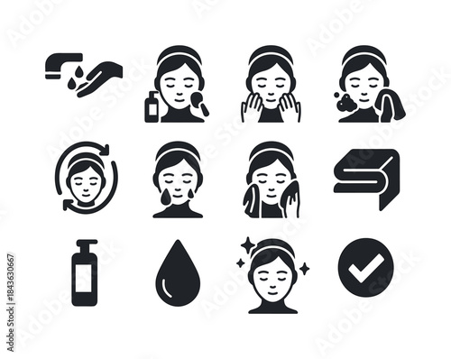 Face Cleansing Icons. Face cleansing steps. Solid icon set of fa
