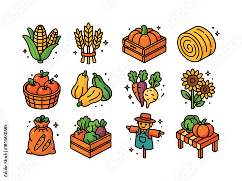 Colorful Farm Harvest Icons. Farm Harvest. Colorful isometric ve