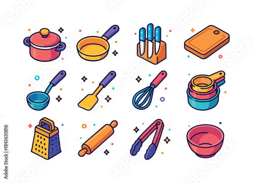 Colorful Kitchen Tools Icons. Cooking tools. Colorful isometric