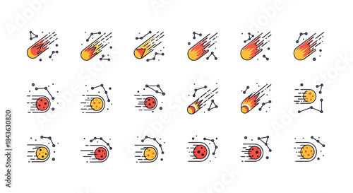 Meteorite icons set with falling comets and asteroids.