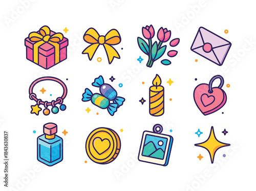 Colorful Gift Icons. Special occasion gifts. Colorful isometric