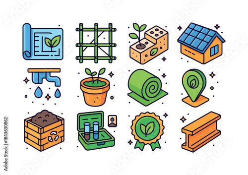 Green Reconstruction Icons. Green reconstruction. Colorful isome