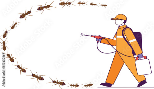 Pest control worker spraying ants illustration showing extermination process, infestation prevention, hygiene safety, and professional insect control concept