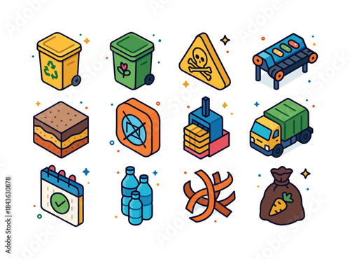 Colorful Waste Icons. Waste management. Colorful isometric vecto