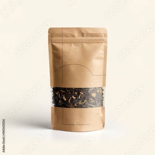 Brown paper pouch with clear window filled with dried tea leaves packaging