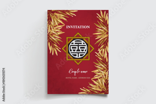 WEDDING INVITATION FRAME WITH FLOWER DECORATIONS AND FRESH LEAVES