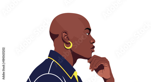 Side profile portrait of a thoughtful Black person with a shaved head and a gold earring, posing with their hand on their chin.