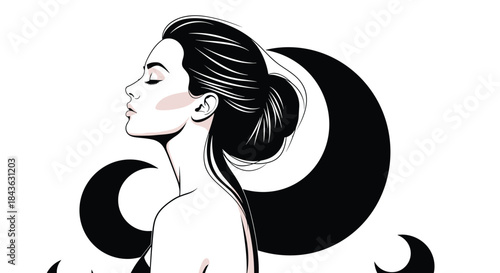 Elegant black and white artistic illustration of a beautiful woman in profile with eyes closed, her hair styled with moon shapes.