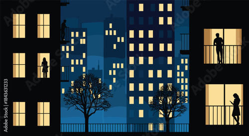 Nighttime city scene showing silhouettes of people in their illuminated apartment windows and balconies, conveying urban life.