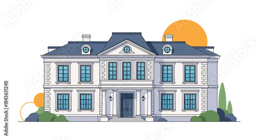 Elegant vector illustration of a classic two-story mansion with a grand entrance, detailed windows, and manicured shrubbery.