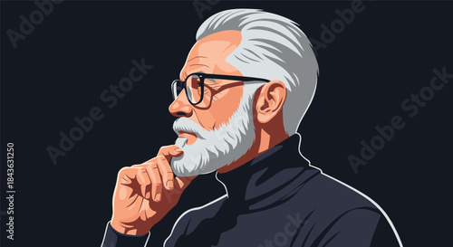 Profile portrait of a handsome and thoughtful senior man with a white beard and glasses, looking pensive against a dark background.