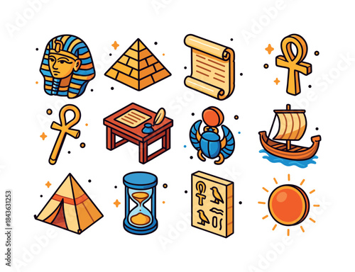 Ancient Egypt Icons. Ancient Egypt reenactment. Colorful isometr