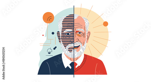 Conceptual illustration showing the split face of a senior man, one half depicting hearing loss and the other clarity and health.
