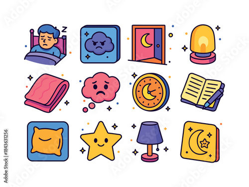 Nighttime Tranquility Icons. Nighttime Worries. Colorful isometr