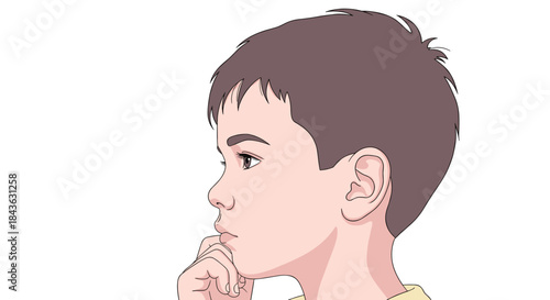 Anime-style illustration of a young boy in profile, looking thoughtful and contemplative with his hand resting on his chin.