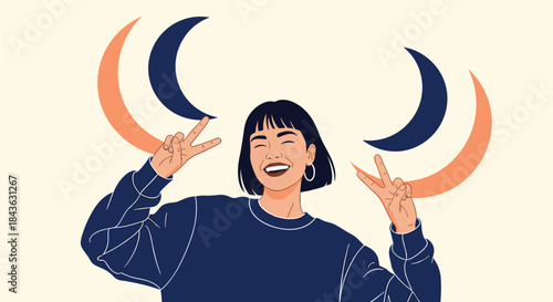 Joyful and energetic young woman with a huge smile makes peace signs with both hands in this fun and positive illustration.