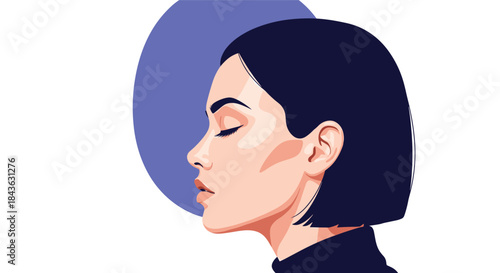 Serene side profile portrait of a beautiful young woman with a short black bob, meditating with her eyes peacefully closed.