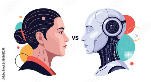 Human versus AI concept illustration showing the profile of a woman facing a female robot, with 'VS' text between them.