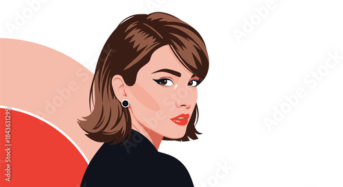 Elegant portrait of a beautiful woman with short brown hair and retro makeup looking over her shoulder with a captivating gaze.