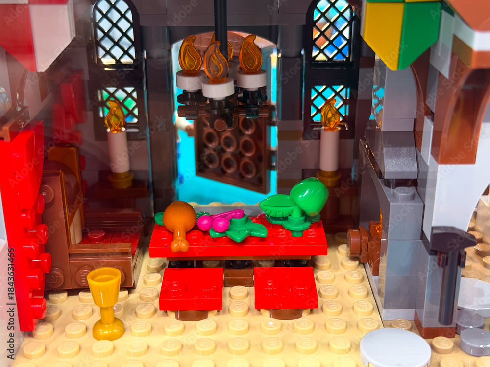 Fototapeta premium Colorful lego dining room scene with fruits and decor