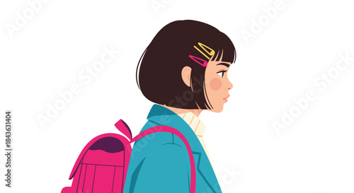 Side profile illustration of a cute young schoolgirl with a short bob haircut, hair clips, and a bright pink backpack.