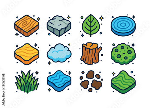 Colorful Texture Icons. Natural Textures. Colorful isometric vec