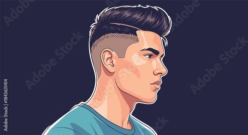 Side profile portrait of a handsome young man with a stylish modern undercut pompadour hairstyle, against a dark background.
