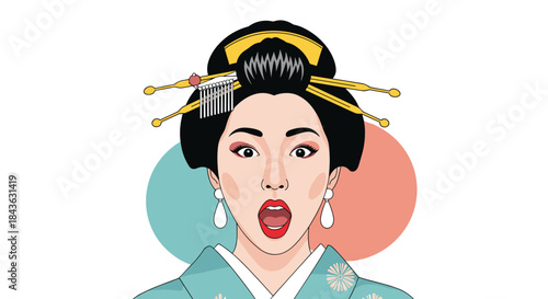 Pop art illustration of a surprised Japanese woman in a traditional kimono and geisha hairstyle, with her mouth open in shock.