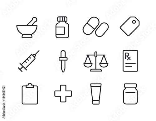 Pharmacist Tools Icons. Pharmacist tools. Line icon set of pharm